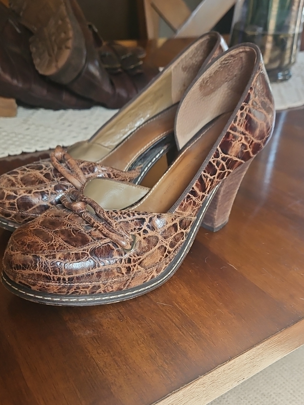 Anthropologie Croc-Embossed Brown Leather Block Heels